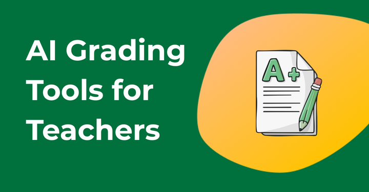AI grading tools for teachers text with a pencil and grade sheet graphic.